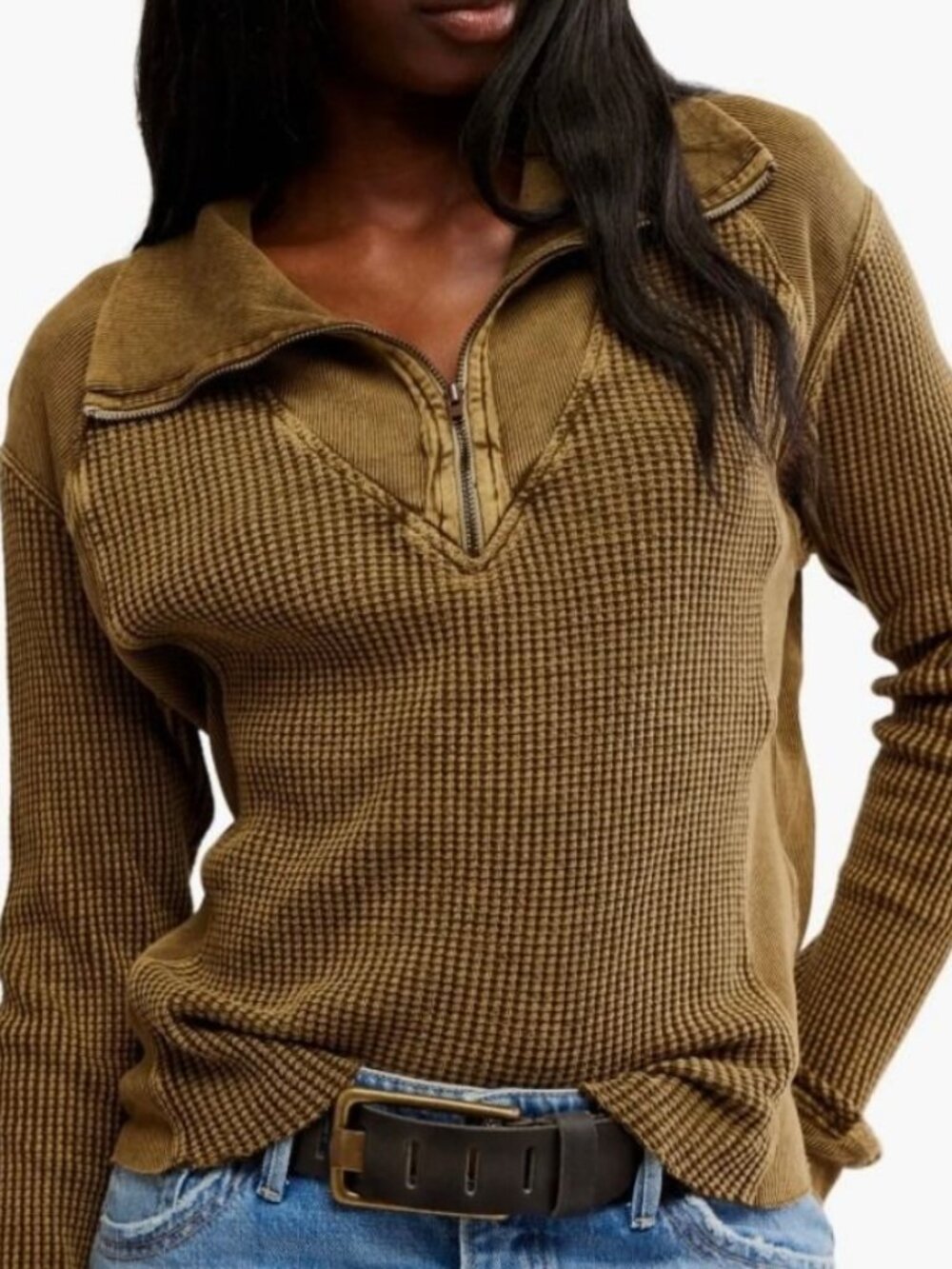 Free People FP One Ashton Zip Thermal Long Sleeve Relaxed Ribbed Blouse Top S